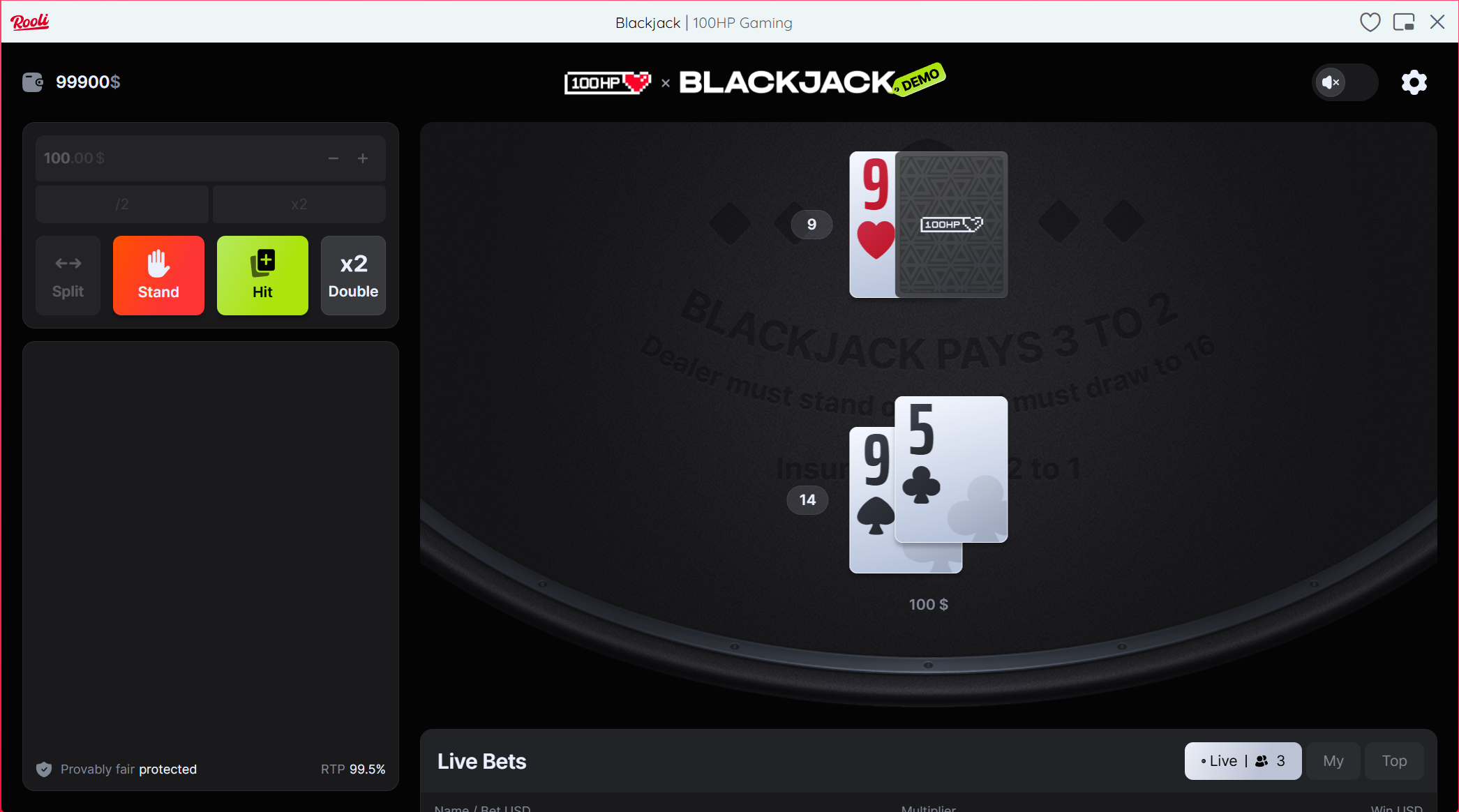An RNG blackjack hand at Rooli showing a player's 9+5=14 versus a dealer's 9. The decision point most players get wrong