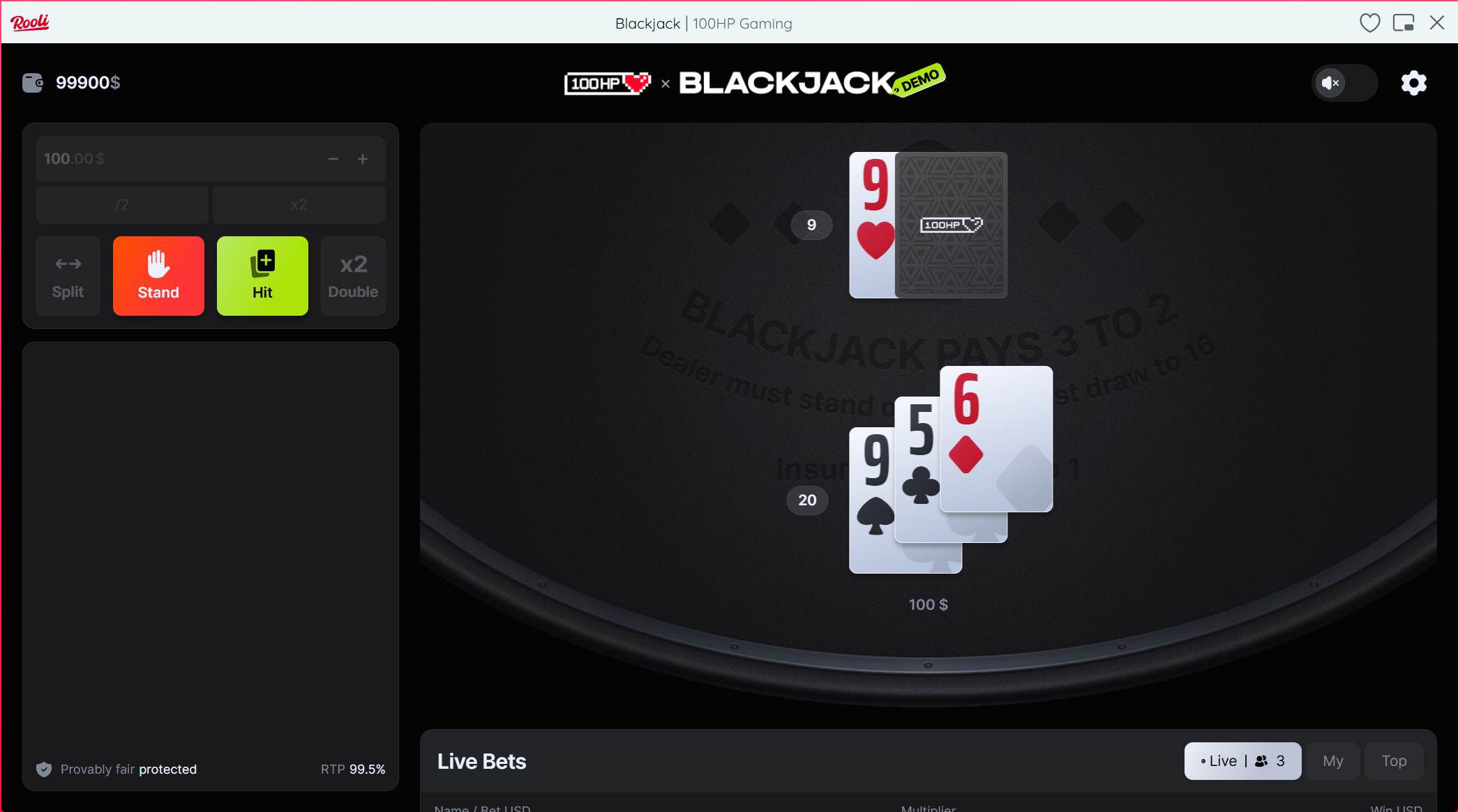 A live Rooli blackjack hand showing 9+5+6=20 against a dealer's 9 upcard. The correct hit on 14 vs 9 paying off