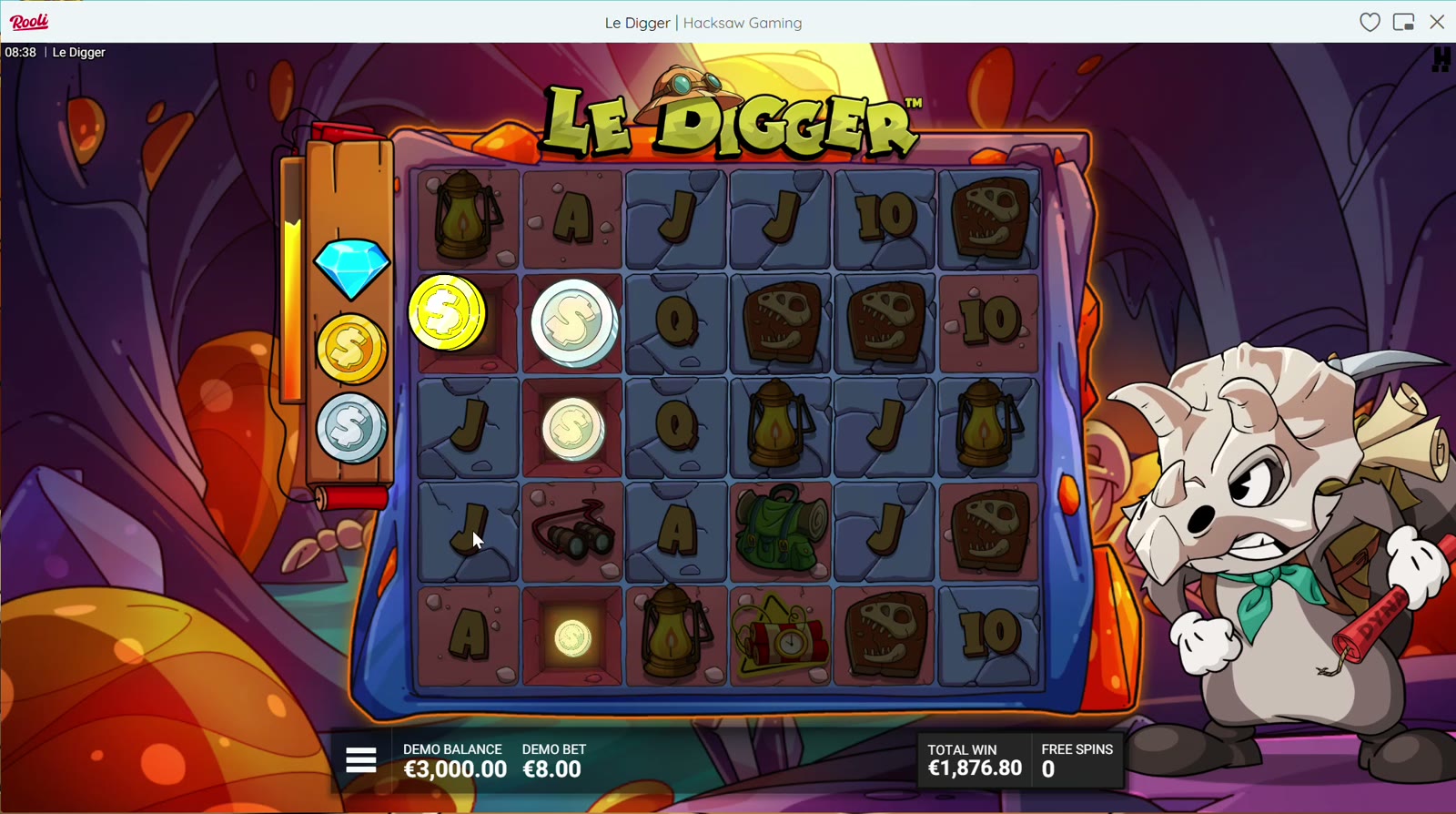 The end of a Le Digger free-spin feature at Rooli. The kind of session the welcome bonus pays for